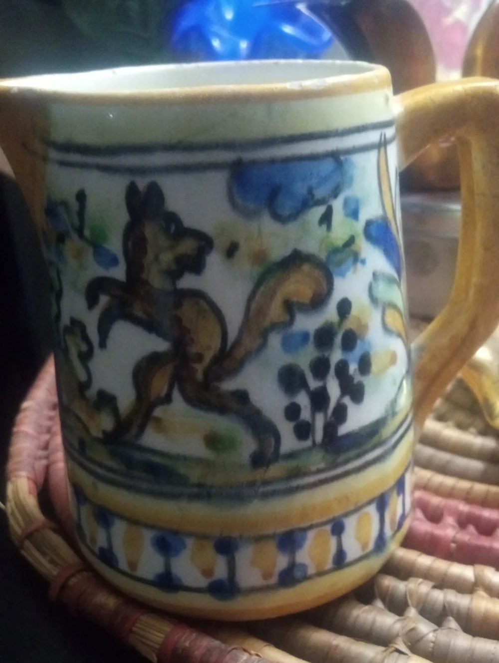 Hand-Painted  8 Oz Mkd Century Yellow and Blue Pitcher From Spain